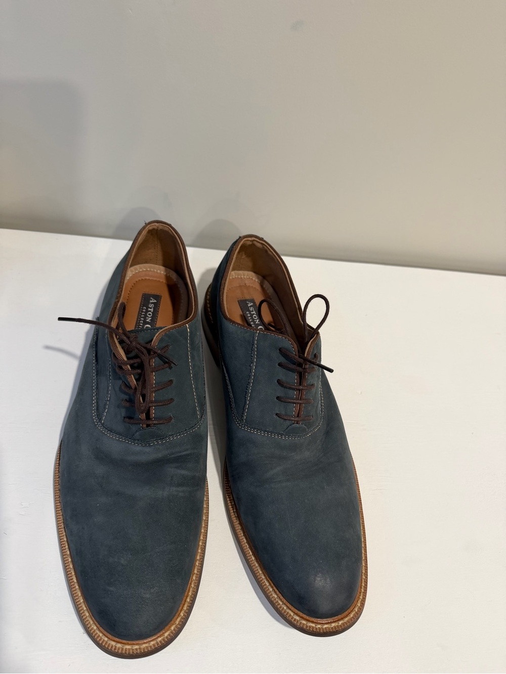 Aston Grey-Blue Suede Derby Shoes with Brown Trim